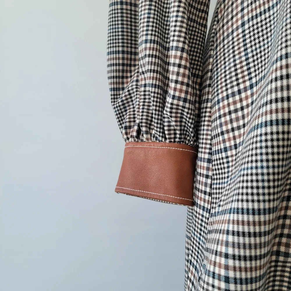 STAUD Plaid Mini Dress Size 8 Glen Check Gray Brown Faux Leather Minimalist Boho - Picture 15 of 16